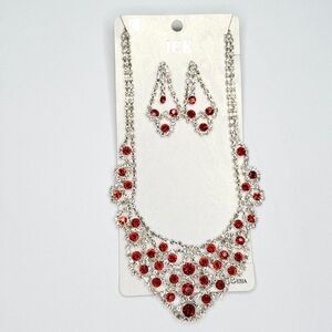 Statement Necklace Earring Set Rhinestones Clear Red Silvertone Prom Party